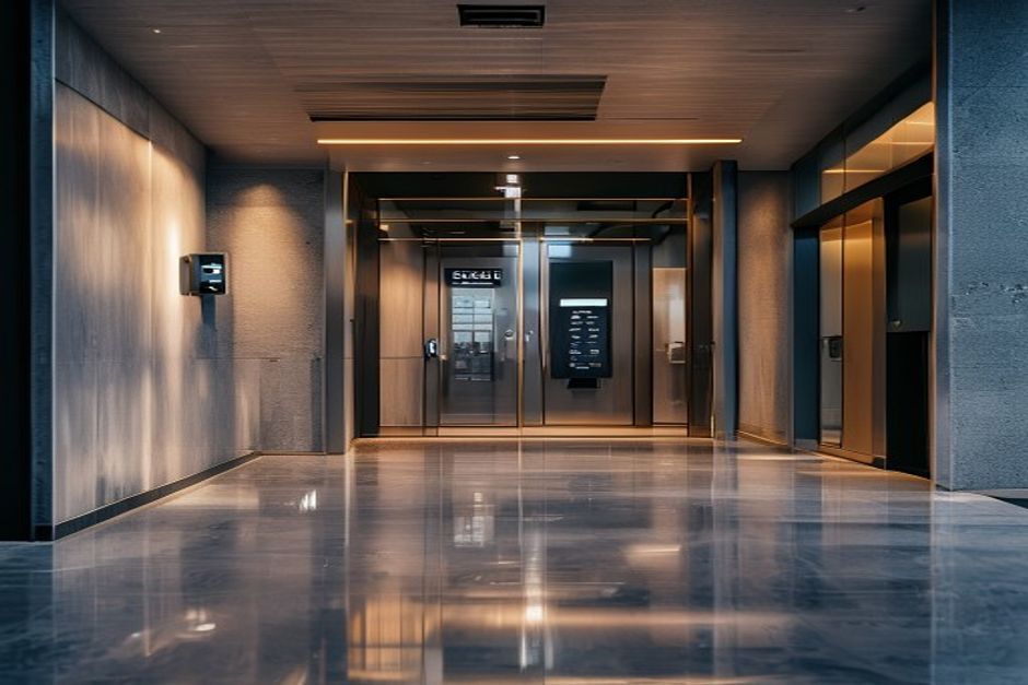 Modern commercial building entrance with access control