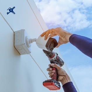 A Keytronics tradesperson installing an exterior security camera on a white wall.