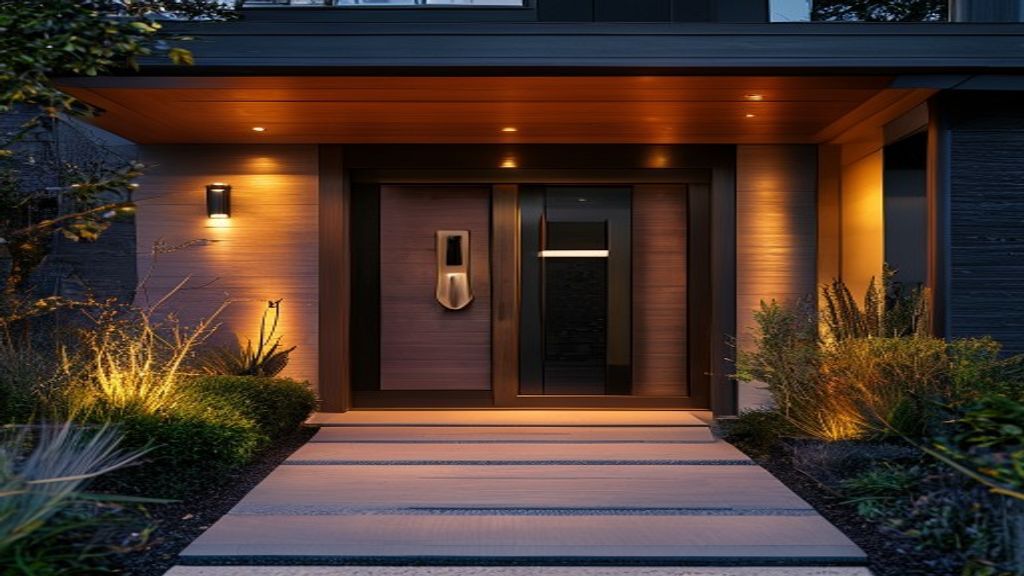 Modern Auckland home entrance with warm security lighting at dusk