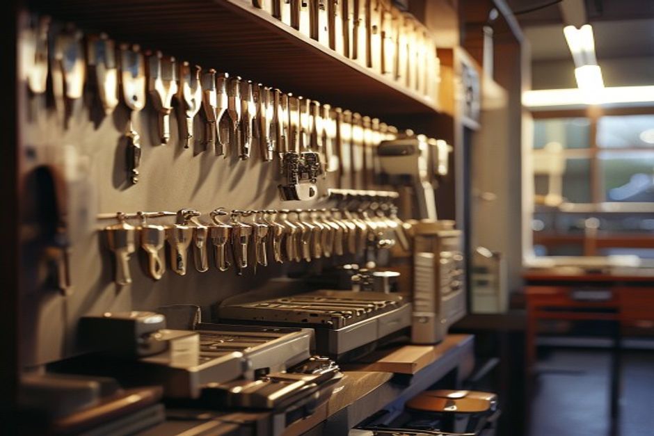 Professional locksmith workbench with organized key blanks and tools
